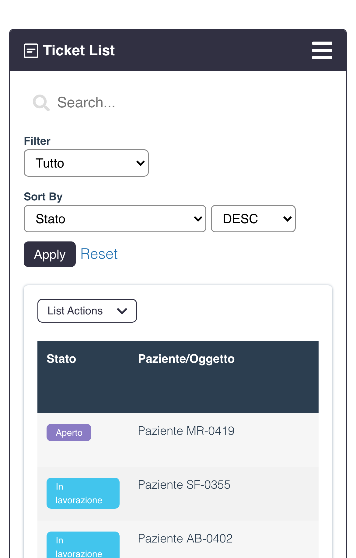L'elenco dei casi del clinico sul portale demo, visto dal telefono